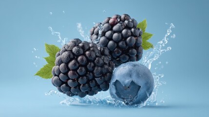 Fresh Blueberries and Blackberries Splashing in Clear Water on a Light Blue Background Creating a Refreshing and Vibrant Moment