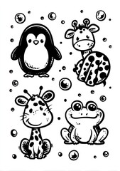 black and white stencil of animals with dots on their bodies: a penguin, a zebra, a giraffe, a turtle, a ladybug, a frog, and a rabbit, with bubbles. AI