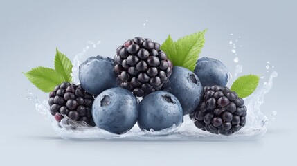 Fresh Frozen Blueberries and Blackberries with Splash Moment Highlights on a Soft Background for Culinary and Beverage Inspiration