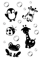 black and white stencil of animals with dots on their bodies: a penguin, a zebra, a giraffe, a turtle, a ladybug, a frog, and a rabbit, with bubbles. AI