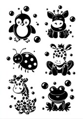 black and white stencil of animals with dots on their bodies: a penguin, a zebra, a giraffe, a turtle, a ladybug, a frog, and a rabbit, with bubbles. AI
