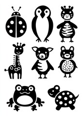 black and white stencil of animals with dots on their bodies: a penguin, a zebra, a giraffe, a turtle, a ladybug, a frog, and a rabbit, with bubbles. AI