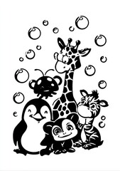 black and white stencil of animals with dots on their bodies: a penguin, a zebra, a giraffe, a turtle, a ladybug, a frog, and a rabbit, with bubbles. AI