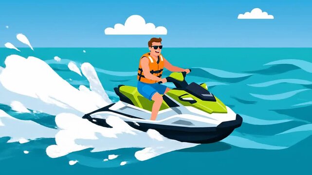 Man rides jet ski on ocean with splashes
