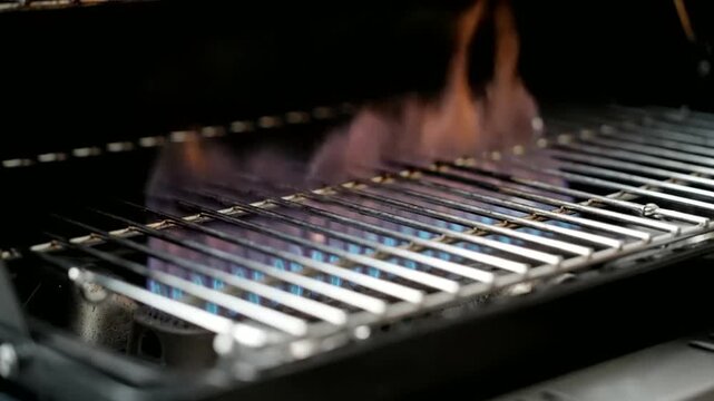 a close-up of a grill with blue flames burning underneath the metal grates. . use as multipurpose tittle intro, background. product mockup. motion graphics background