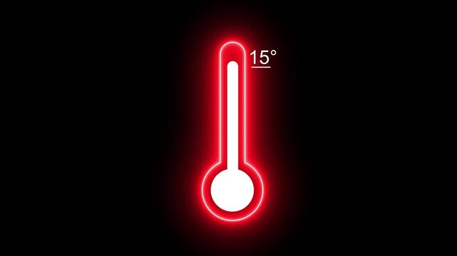 Neon Medical thermometer weather temperature 15 degree animation isolated on black background