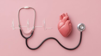 Heart Model with Stethoscope and ECG Line on Pink Background for Medical and Health Concept Design