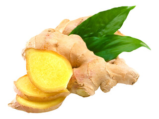 Fresh ginger root with vibrant green leaves and slices showcasing its inner texture