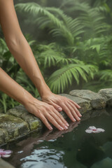 Woman's hands gently touching water in a serene garden setting with lush greenery and flowers