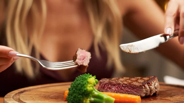 A person cuts a steak with a knife and fork, alongside vegetables on a wooden platter