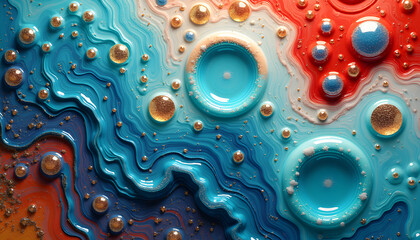 Vivid abstract fluid art with swirling turquoise and red colors, glossy textures and dynamic circular accents in macro overhead composition