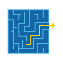 Flat vector maze illustration with highlighted solution path and arrow showing direction, problem solving and strategy concept in minimal modern design