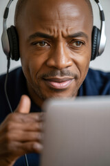 African American man with headphones looks at laptop screen with hand raised in front of face