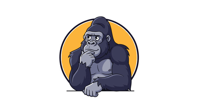 Wise gorilla character in a thinking pose resting its chin on its hand inside a circular yellow frame, symbolizing intelligence and contemplation.