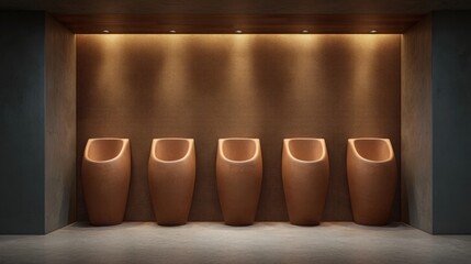 Modern Ceramic Urinals in Public Restroom with Warm Lighting and Contemporary Design for Efficient Space Usage