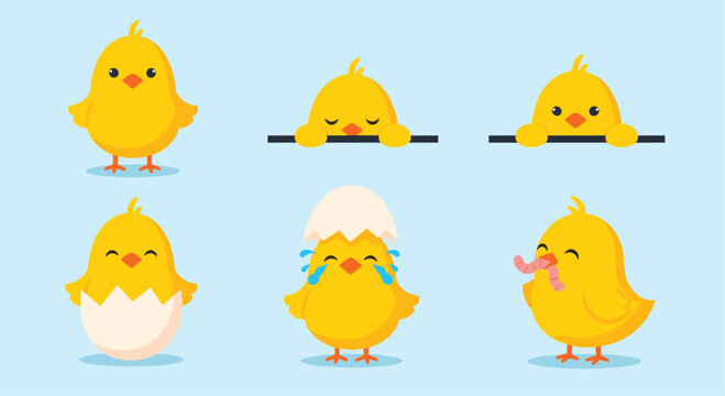 Set of six cute yellow baby chicks in different poses and expressions, including hatching from an egg and eating a worm on a blue background.