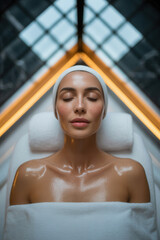 Woman with headband lying on spa table with white towels and geometric window overhead