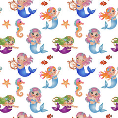 Seamless Patterns Cute Mermaid with Sea Life. Watercolor Hand Drawn Illustration Style. 