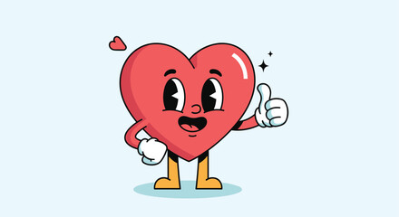 Fototapeta premium Happy cartoon heart character with a friendly face gives a thumbs up gesture to symbolize love and health.