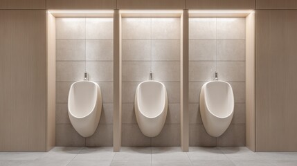 Sleek and Modern Public Restroom Interior Featuring Ceramic Urinals in Neutral Tones with Elegant Lighting and Minimalist Design Elements