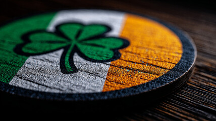 green clover leaf print on the background of the flag of Ireland. Designed by Patrick Day.