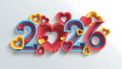 Naklejka premium Vibrant 2026 typography with colorful hearts on white background