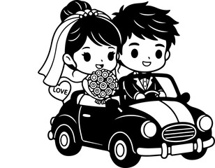 Romantic Wedding Couple Car Black and White Silhouette Vector