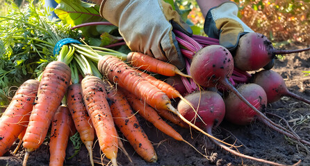  A person grasping a bundle of freshly harvested carrots and beets, highlighting their rich colors and healthy greens