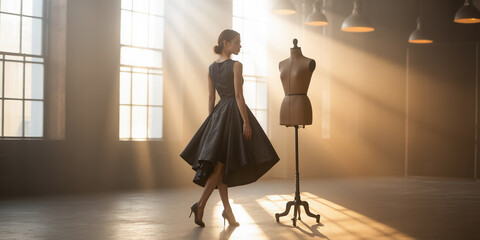 Elegant woman in a dramatic fashion studio, showcasing a stunning black dress with copy space