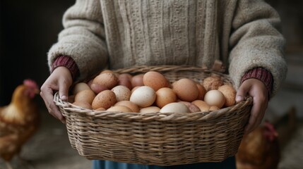 Cozy Collection of Freshly Gathered Eggs in a Rustic Setting with Hands Cradling a Basket Surrounded by Chickens in a Warm Hen Coop Environment