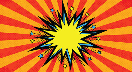 Fototapeta premium Fiery pop art comic explosion with stars and a blank center on a dynamic red and orange retro sunburst background.