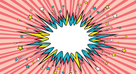 Colorful and energetic comic book explosion with stars on a vibrant pink pop art sunburst background for a fun message.