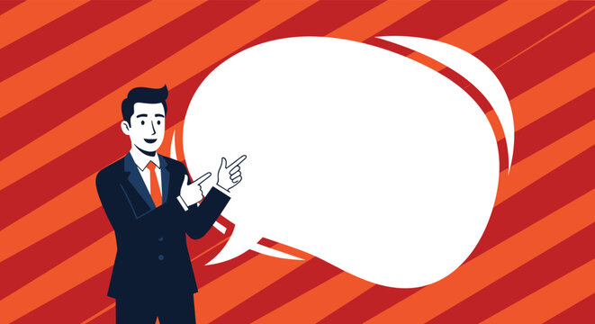 Businessman in a suit pointing to a large blank speech bubble for a presentation on a bold red striped background.