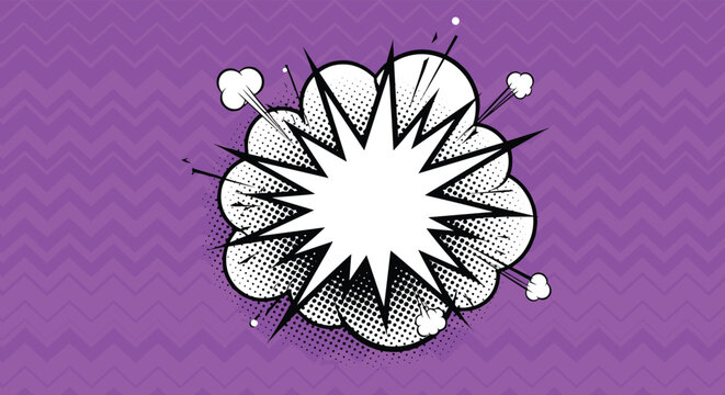 Black and white comic book explosion with a blank center for text on a vibrant purple chevron pattern background. - Powered by Adobe