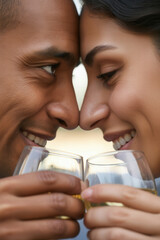 African American man and woman toast with glasses, smiling closely, with blurred background and soft light