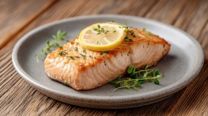 Seared Salmon Fillet Garnished with Lemon and Fresh Herbs on a Rustic Wooden Table Setting