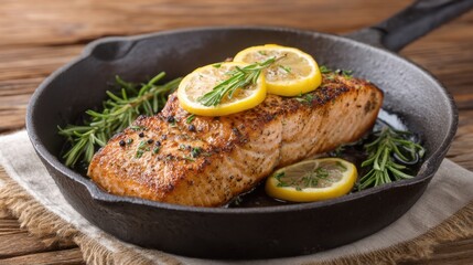 Seared Salmon Fillet Garnished with Lemon Slices and Fresh Herbs on a Rustic Wooden Table in Cast Iron Skillet