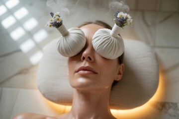 Luxury spa portrait of a woman relaxing with herbal compresses and soothing ambiance