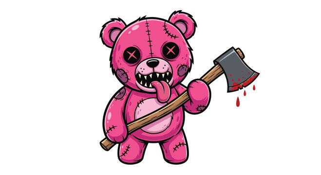 Sinister pink teddy bear character with stitched details, sharp teeth, and holding a bloody axe for a horror theme.