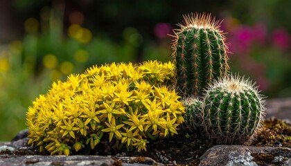 Close-up of a vibrant botanical arrangement prickly cacti juxtaposed with a cluster of sunny yellow blooms on rough stones