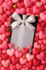 Colorful heart-shaped decorations with blank card and ribbon for romantic occasions and celebrations