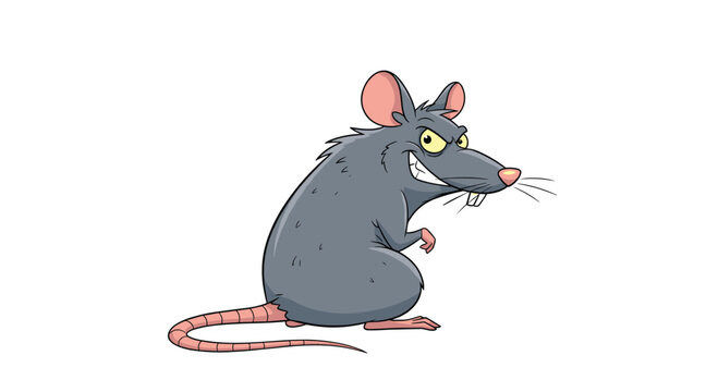 Devious looking cartoon rat with a mischievous grin and sharp teeth standing on its hind legs in a simple vector style.