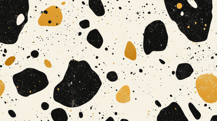 Abstract terrazzo texture with black and yellow stone chips, modern background
