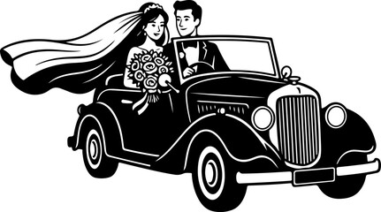 Romantic Wedding Couple Car Black and White Silhouette Vector