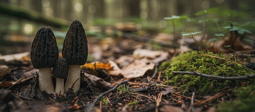 black morel mushrooms growing in the forest naturally in the wild