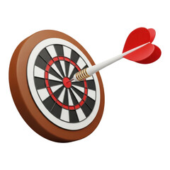 3d dartboard with red heart shaped dart hitting the bullseye isolated on transparent background