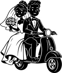 Cute Wedding Couple on Scooter Silhouette Illustration
