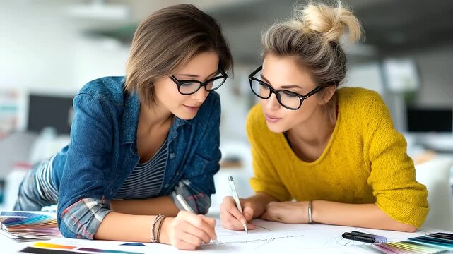 Two young women reviewing a design brief, tracing lines on paper plans, pens and color swatches scattered, modern studio corner, focused yet friendly mood, natural daylight, shallow DOF, no logos