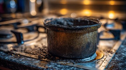 Naklejka premium Dirty and Neglected Cooking Pot with Burnt Food Residue on a Gas Stovetop in a Home Kitchen
