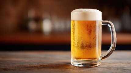 Cozy Bar Environment with Warm Tones Featuring a Glass of Beer and a Wooden Table Surrounded by a Relaxing Atmosphere in a Pint Glass